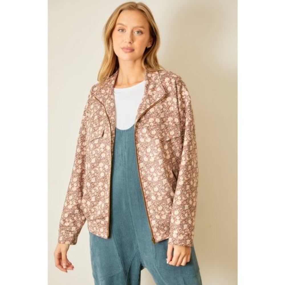 Polagram Brown Size Small Floral Print Zip Jacket